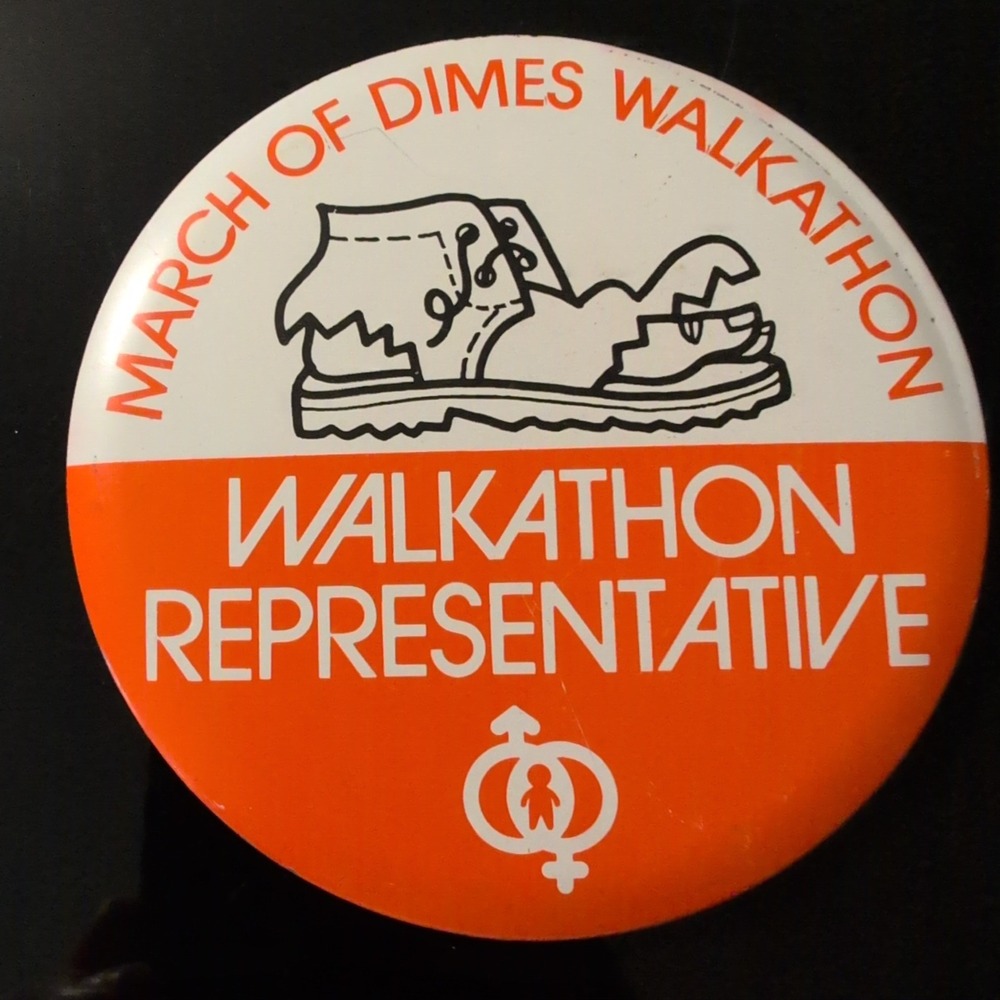 Vintage March of Dimes Walkathon Representative Pinback Button Orange White Boot